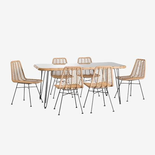 SKLUM Set aus rechteckigem Tisch aus synthetischem Korbgeflecht (180 x 90 cm) Leribert und 6 Gartenstühlen aus synthetischem Rattan NA Natürlich