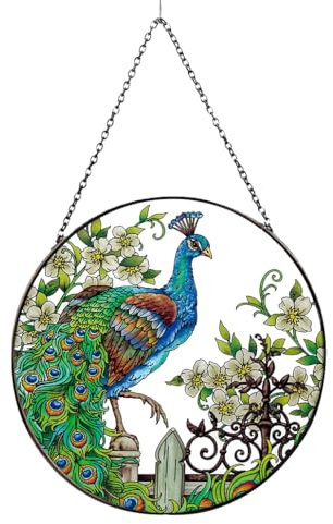 KyeeaDIY Pfau Dekor Suncatcher Buntglas Bunte Pfau Kunst Glas Suncatcher Handgefertigte Gemalte Anhänger Hänge Sonnenfänger Panel mit Kette für Home Garden Decor Geschenke (Pfaue)