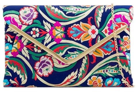 UShopUK Bolso de mano de satén floral multicolor para novia, graduación, boda, noche, fiesta, bolso de mano, azul marino, medium