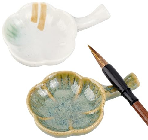 PH PandaHall 2pz Piatto per Inchiostro In Ceramica Piatto per Inchiostro In Porcellana con Manico Porta Pennelli per Calligrafia Cinese A Forma di Fiore Ciotola Multifunzionale per Calligrafica