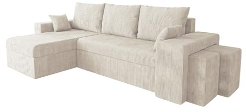 Mirjan24 Ecksofa Papani Cord, Eckcouch mit 2 Polsterhocker, Polsterecke mit Bettfunktion, L-Form Couch für Wohnzimmer, Sofa mit Bettkasten und Schlaffunktion, Wohnlandschaft (Poso 100)