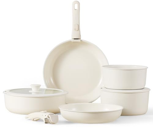 CAROTE Batería de Cocina Induccion 9 Piezas, Sartenes Cerámica Antiadherentes, Mango Extraíble, Sartenes Para Freír 24/28cm, Cazos 18/20cm, Wok 26cm, Para Todo Tipo de Cocinas y Horno, Sin PFAS