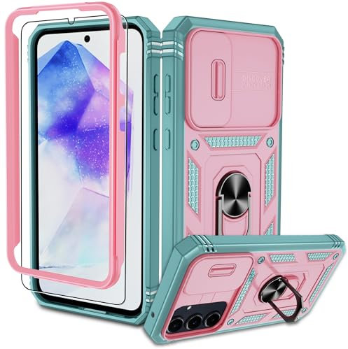 Pilaru Coque Samsung A55 5G, Antichoc Housse【avec HD TPU Film + Couvercle Coulissant de Caméra】 Support d’Anneau Rotatif, Anti-Rayures pour Coque Samsung Galaxy A55 5G - Rose Vert