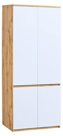 MINIO go for it - Kleiderschrank 80 cm Breit, Schlafzimmer Schrank mit 4 Türen und 1 Kleiderstange, ARCCA Serie, Kleiderschrank Weiß/Wotan Eiche - B:80cm x H:195cm x T:52cm