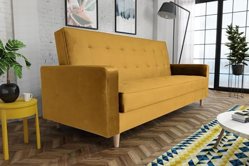 BEAUTY SOFA Bamako Couch, Sofa mit Armlehnen und Schlaffunktion - Breite 211 cm - Liegefläche 187 x 115 cm - Schlafcouch für Wohnzimmer, Schlafsofa mit Bettkasten - Samt Senfgelb (Kronos 01)