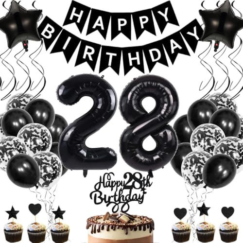 Anlgdi Geburtstagsdeko 28 Jahre Mann Frau, Luftballons 28. Geburtstag Dekoration, Schwarz Tortendeko Geburtstags 28 Jahre Frauen, Folienballon Zahl 28 Schwarz, Deko 28. Geburtstag Männer