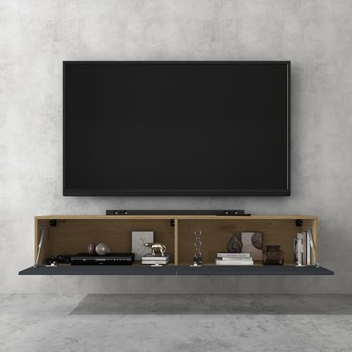 doporro TV Lowboard Schrank mit Gasdruckfedern Fernsehschrank hängend | TV Board mit Klapptür, viel Stauraum, Wand Fernsehtisch in Kerneiche und Matt Anthrazit, Breite: 160 cm, Fernsehschrank02
