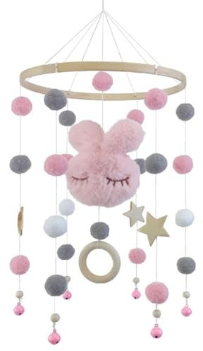Mobile Baby, Baby Mobile, Baby Zubehör, Mobile Babybett, Mobile Baby Windspiele, Holz Mit Filzbällen 3d Wolken, Bettglocke Anhänger für Babybett Jungen und Mädchen(Rosa Kaninchen)