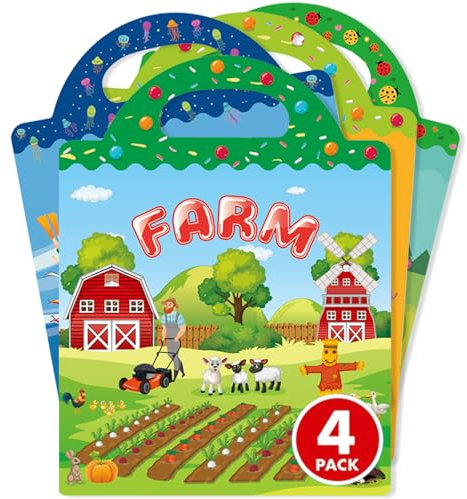 HOMETEC Wiederverwendbares Stickerbuch ab 2 Jahre – 4 Themen (Körperteile, Insekten, Bauernhof, Meerestiere) – Lernspielzeug für Kleinkinder – Abwaschbar & Tragbar