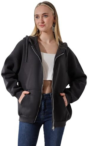 Endies Women’s Oversized Hoodie with Metal Zipper and Kangaroo Pocket - Cozy and Stylish Sweatshirt for Everyday Wear, Grey (UK, Alpha, M, L, Regular, Regular, Charcoal Grey)