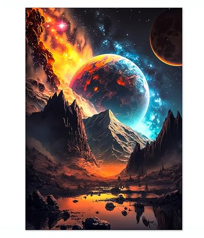 Cosmic Landscape Space Poster, Colourful Abstract Astronomy Wall Art Home Decor, Astronaut Planets Print, Archival Matte, A5 (Print Only) - 21x14.8cm