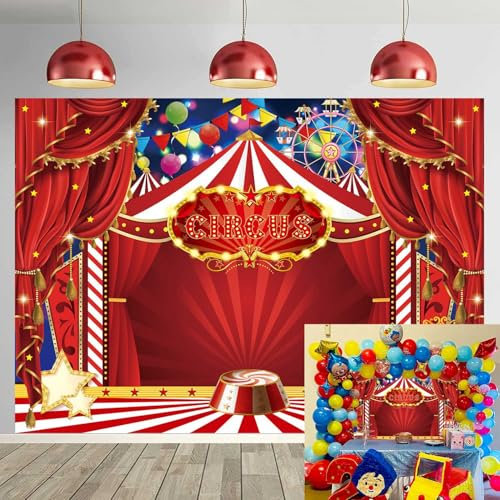 Toile de fond de cirque rouge de 2,1 x 1,5 m, rideau rouge, étoiles, carnaval, photographie sur le thème du cirque pour enfants, décorations de fête d'anniversaire, fournitures de décoration de fête