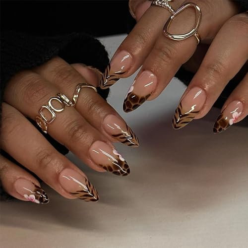 French Tip Lot de 24 faux ongles à presser longs à presser avec motif imprimé léopard français pour femme, réutilisables, au quotidien