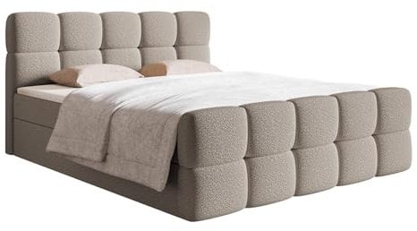 Selsey Bett Boxspringbett Doppelbett 140 x 200 cm Mit 2 Bettkasten Topper Matratzentopper Bonell Matratze Härtegrad H2 H3 Boucle Gewebe Reißfest Graubeige Cloudy
