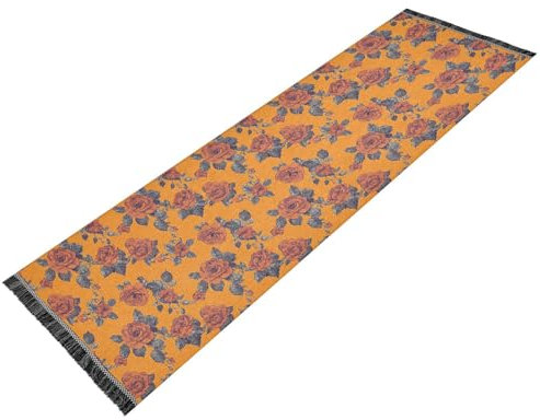 Tapis de couloir lavable et antidérapant avec pompons pour intérieur et extérieur, décoration d'intérieur, orange, rouge, roses de Saint-Valentin