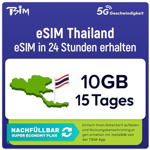 Thailand eSIM | 15 Tage | 10gb | Nachfüllbarer Tarif | 5G Geschwindigkeit | Hotspot | Nur-Daten. QR-Code Wird innerhalb von 24 Stunden gesendet, scannen zur Aktivierung, Keine Telefonnummer