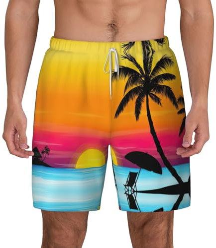 Costume da bagno da uomo con stampa di palme al tramonto, ad asciugatura rapida, traspirante, per surf, spiaggia estiva, bianco, XXL