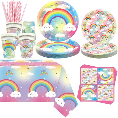 Obussgar Arcobaleno Partito Decorazione - Arcobaleno Compleanno Party Stoviglie Forniture include piatti, tazze, tovaglioli, tovaglia, cannucce - servito 20