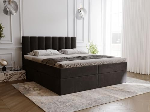GRAINGOLD Mocca Bett 200x200, Boxspringbett mit Bettkasten, Polsterbett mit Bonell-Matratze, Samt Stoff, mit Topper, mit Kopfteil (Schwarz, 200x200)