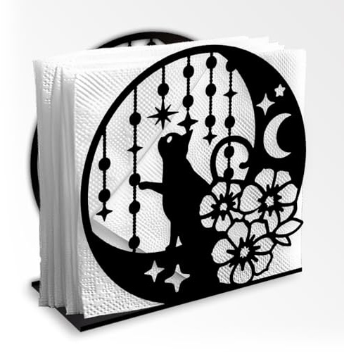Doodlream Mondkatze Dekorativer Serviettenhalter Aus Schwarzem Metall Für Den Tisch Serviettenhalter Im Stehen Mit Katze Und Blume Für Zuhause Küche Restaurant Picknick Party Kaffeebar Esszimmer