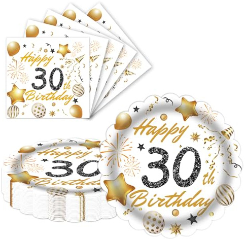 LDFDRT 9 Inch 30th Birthday Party Plates and Napkins 40PCS White and Gold Happy Birthday Plates and Napkins Disposable Cake Dessert Tableware Set for 20 Guests