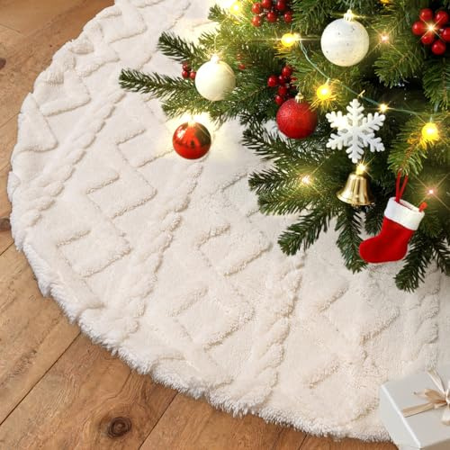 Lanpn Weihnachtsbaum Decke 180cm Extra Groß Weihnachtsbaum Rock Runde Form Christbaumständer Plüsch Weihnachtsbaum Unterlegdecke Bodendekoration für Urlaub Innenbereich Weihnachtsbaumdeko (Beige)