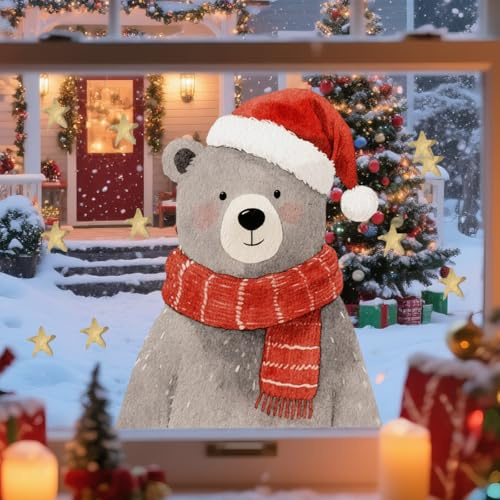 WandSticker4U®- Fensterbilder Weihnachten Kinder BÄR selbstklebend (41x39 cm) I Süße Weihnachtsdeko Fenster Aufkleber Tiere mit Weihnachtsmütze I Fenstersticker Kinder Weihnachten wiederverwendbar