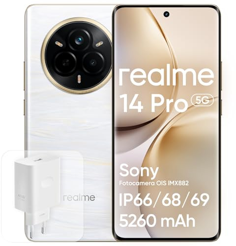 realme 14 Pro 5G, 12+512 GB Teléfono Móvil, Chip Dimension sity 7300, Cámara Sony IMX882 OIS 50 MP, Pantalla Curvada de 6,77 120Hz, Batería 5260 mAh, Impermeable IP69, Blanco (con Adaptador)