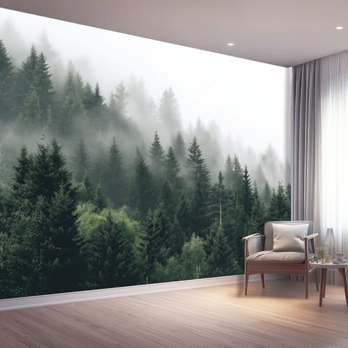 Papier Peint Forêt Brumeuse Panoramique 3D - Vert Sapin Brume Papier Peint Murale Salon Chambre À Coucher Maison Décoration Intérieure Mural Photo Pour Salon, Chambre 200 X 140 Cm