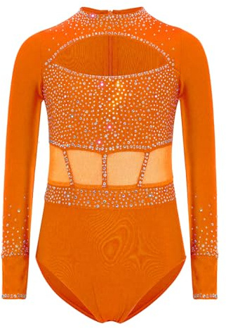 Linjinx Mädchen Turnanzug Gymnastikanzug Langarm Gymnastik Trikot mit Pailletten Leotard Turnbody Sportbody Wettbewerb Tanzkostüm