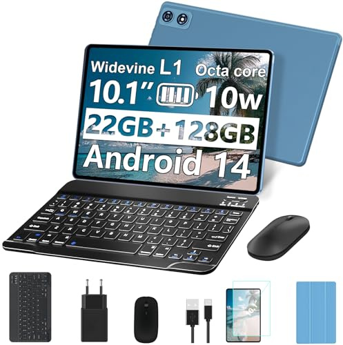 fezawio Tablet Android 10 pollici, 22 GB RAM + 128 GB ROM, Widevine L1, blu | con tastiera mouse, 8000 mAh, Octa-Core, 5G WiFi, 1 TB di memoria estesa, 5MP+8MP