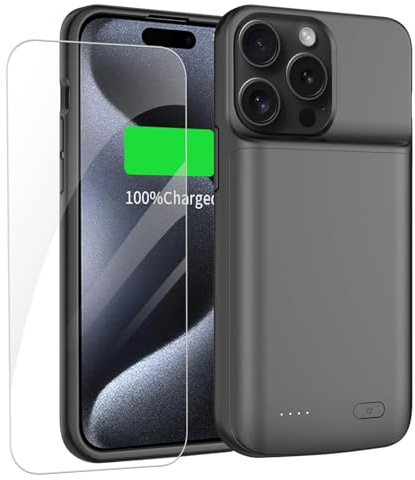 YISHDA 8500mAh Upgraded Slim Battery Case for iPhone 15 Pro Max (6.7 inch) - Protective Rechargeable Charging Case with Screen Protector, Black Portable Power Pack