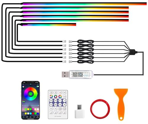 6 IN 1 Auto Ambientebeleuchtung, 445cm RGB LED Auto Innenbeleuchtung Streifen, 584 LEDs USB-Port Innenraumbeleuchtung, Strip Lights mit 16 Millionen Farben, 240＋Dynamische, App+Fernbedie