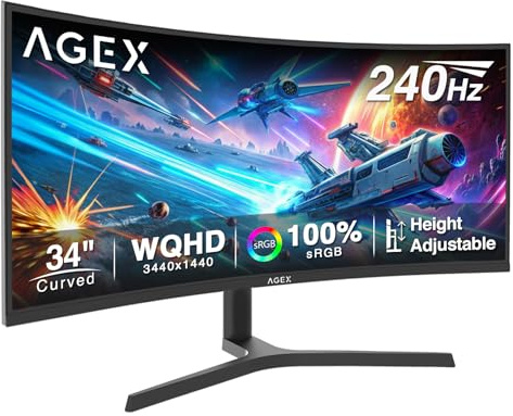 Z-Edge AGEX Monitor Gaming Curvo 34 pollici, 240 Hz, risoluzione Ultrawide 21:9 UWQHD, MPRT di 1 ms, Pannello VA, Luminosità di 350 cd/m², Adaptive Sync, PiP, DP 1.4 e HDMI 12.1, regolabile in altezza