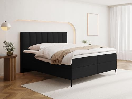 WFL GROUP Boxspringbett mit Bettkasten – Polsterbett 160 x 200 cm mit H4 Taschenfederkern 7-Zonen Matratze & 5 cm Topper – Stauraumbett mit hohem Kopfteil & Metallfüße – Boucle Schwarz