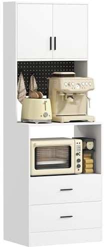 HOMCOM Mueble Auxiliar de Cocina, Aparador de Cocina con Soporte para Microondas, 2 Cajones, 2 Puertas, Estante Ajustable y Panel Perforado de Metal con 4 Ganchos, para Salón, 60x40x170 cm, Blanco