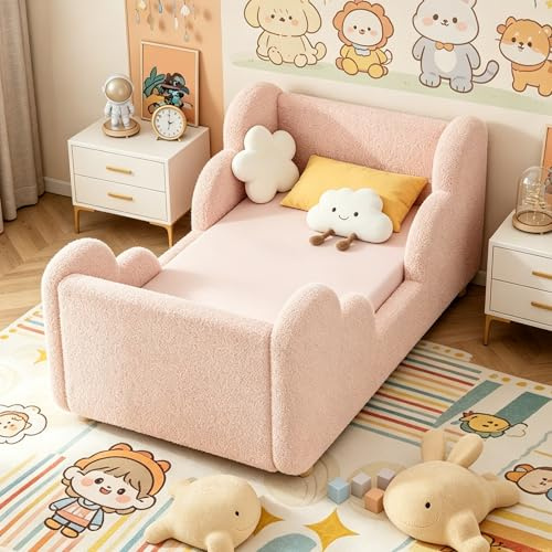 ZIKEBTUY 70x140cm Kinderbett - Komplett gepolstertes Samt, Wolkenweicher Kinderbetten, Bodenbett für Jungen und Mädchen (Rosa Wolken)
