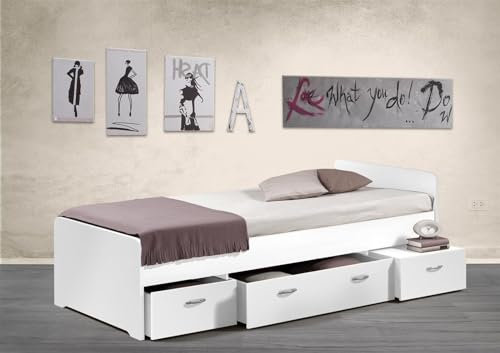 möbelando Bradford Modernes Einzelbett mit 3X Schubkästen 90 x 200 cm - Praktisches Jugendzimmer Kojenbett in Weiß - 95 x 66 x 204 cm (B/H/T)