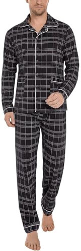 iClosam Pyjama Homme Long Coton Pyjama Ensemble Homme Hiver à Rayures Vêtements de Nuit avec 2 Poches, Noir Plaid, L