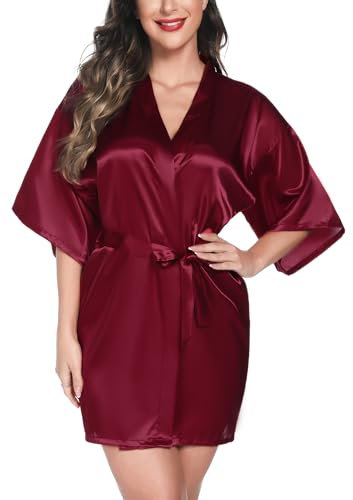 Vlazom Kimono Robe Damen Morgenmantel Kurzer Satin Bademantel Mit Gürtel V-Ausschnitt Kimono(M,Fuchsie)