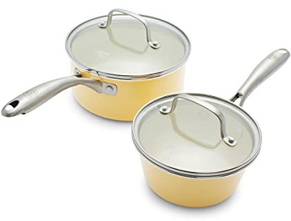 GreenLife Artisan Healthy Ceramic Nonstick, 1QT and 2QT Saucepan Pot Set with Lids, Stainless Steel Handle, PFAS-Free, Dishwasher Safe, Oven Safe, Yellow
