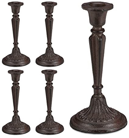 5 x Kerzenständer einarmig, für Tafel- & Stabkerzen, Kerzenleuchter Vintage, Kerzenhalter Gusseisen, HxD 19 x 9cm, braun