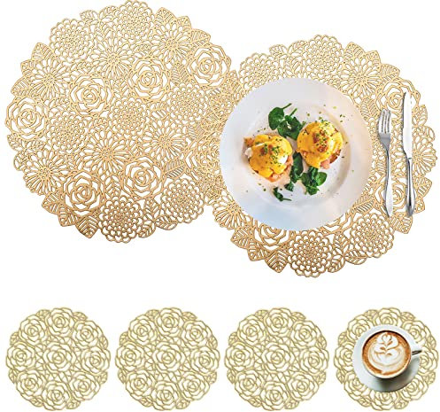 Spldsun Set of 6 Tischset Rund und Untersetzer, Ausgehöhlte Runde Tischsets, Platzset Rund PVC, für rutschfeste, Kratzfeste, Dekorative Tische (Gold)