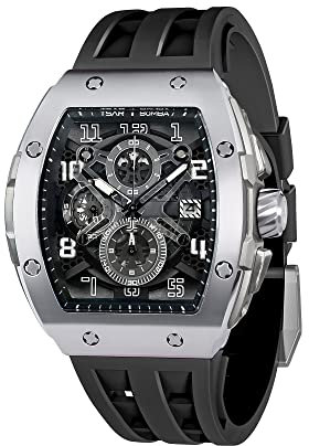 TSAR BOMBA Herren Uhr Tonneau Uhren Chronograph Tonneau Luxus Armbanduhr Herrens Cool Sport Männer Uhren Japanisches Quarzwerk 50m Wasserdichter Daydate Saphirglas Geschenk für Männer