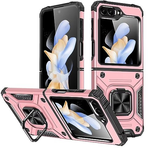 KANSi Coque pour Samsung Galaxy Z Flip 5, Housse TPU Silicone Rotation 360° Aimant Anneau Support Double Défense Protection Etui - Or Rose