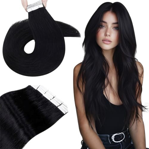 Hetto Tape Extensions Echthaar Schwarz Tape in Extensions Echthaar Naturschwarz Seidig Gerade Invisible Tape Klebe Remy Haarverlangerung 20pcs 30g 30 cm #1