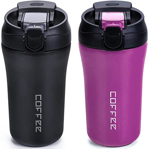 XIAPIA Thermobecher Kaffeebecher To Go 400ml 2er Set, Edelstahl Auslaufsicher Reisebecher mit Strohhalm, Doppelwandig Isolierbecher für Kaffee Tee Glühwein, Heiß und Kalt (Schwarz & Llila)