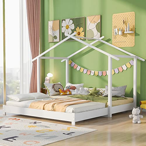 Moimhear Hausbett 90/180 x 190cm Holz Kinderbett für Jungen & Mädchen Massivholz Kinder Bett umbaubar Bodenbett mit Lattenrost, Weiß