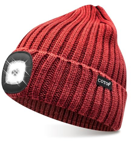 COTOP Mütze mit Licht, Led Strickmütze Herren Winter, Geschenke Männer Weihnachten, Warm Beanie mit Stirnlampen für Joggen, Wandern, Laufen, Radfahren