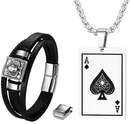 Flongo Herren Kette Leder Armband Set - Silber Edelstahl Halskette Chain mit Poker Pik-Ass Anhänger 56 cm schwarz Lederarmband mit Pokerkarte Totenkopf Ketten Für Damen Männer mit Geschenkbox